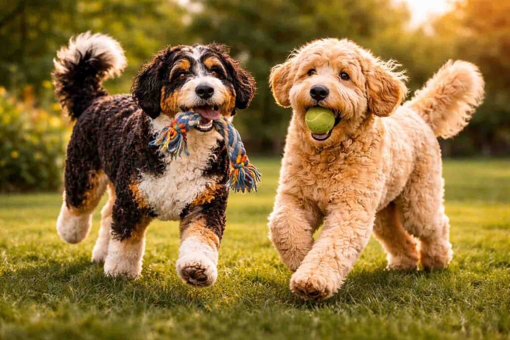 bernedoodle and goldendoodle playing together