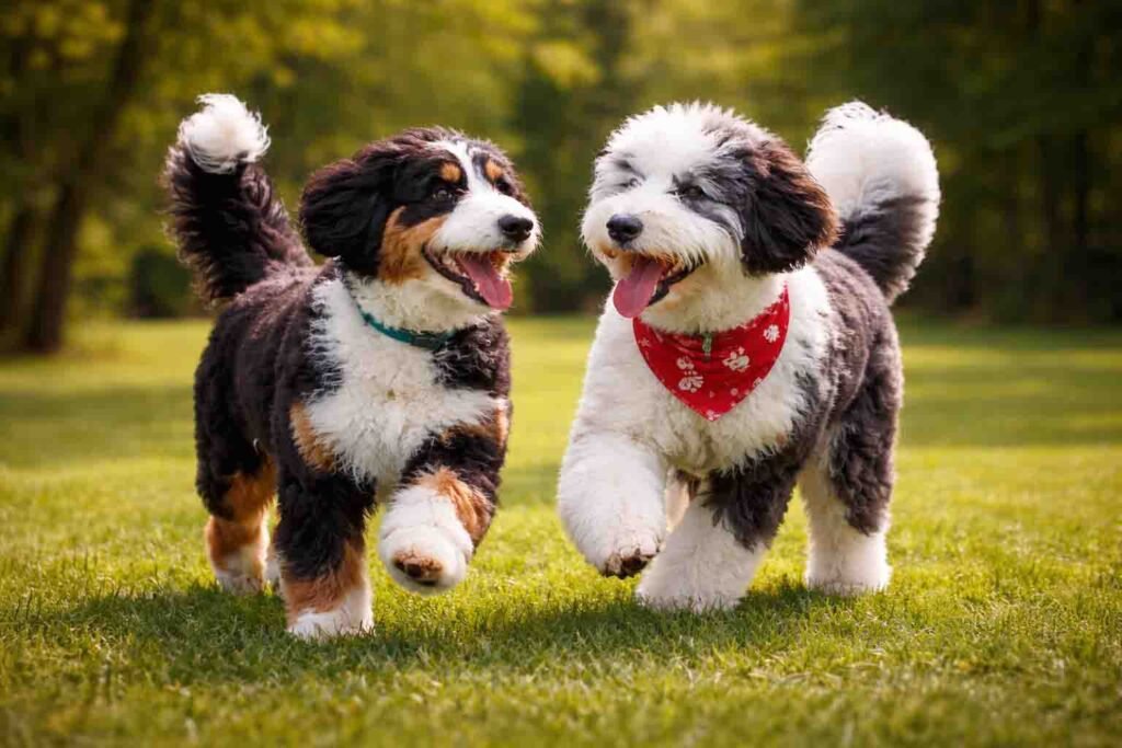 bernedoodle and sheepadoodle playing outdoors