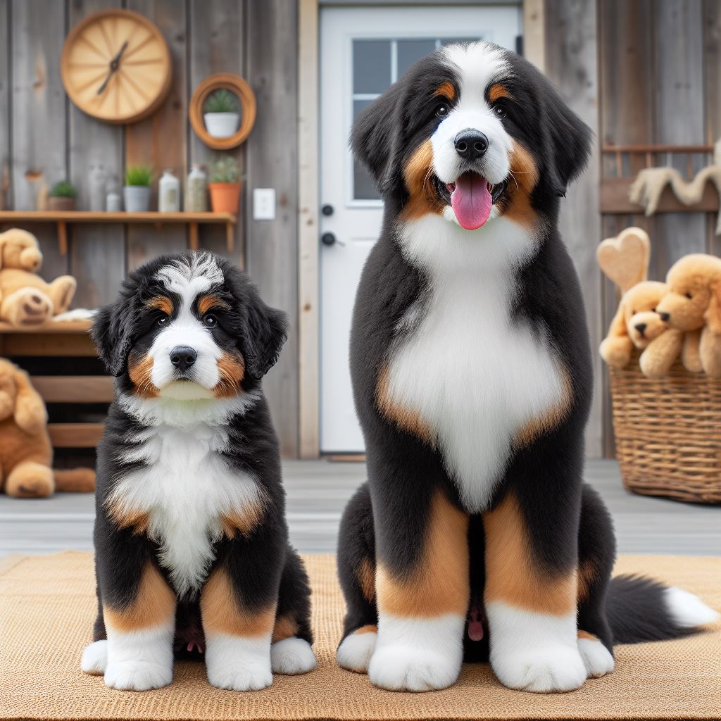 straight coat puppy with adult Bernedoodle