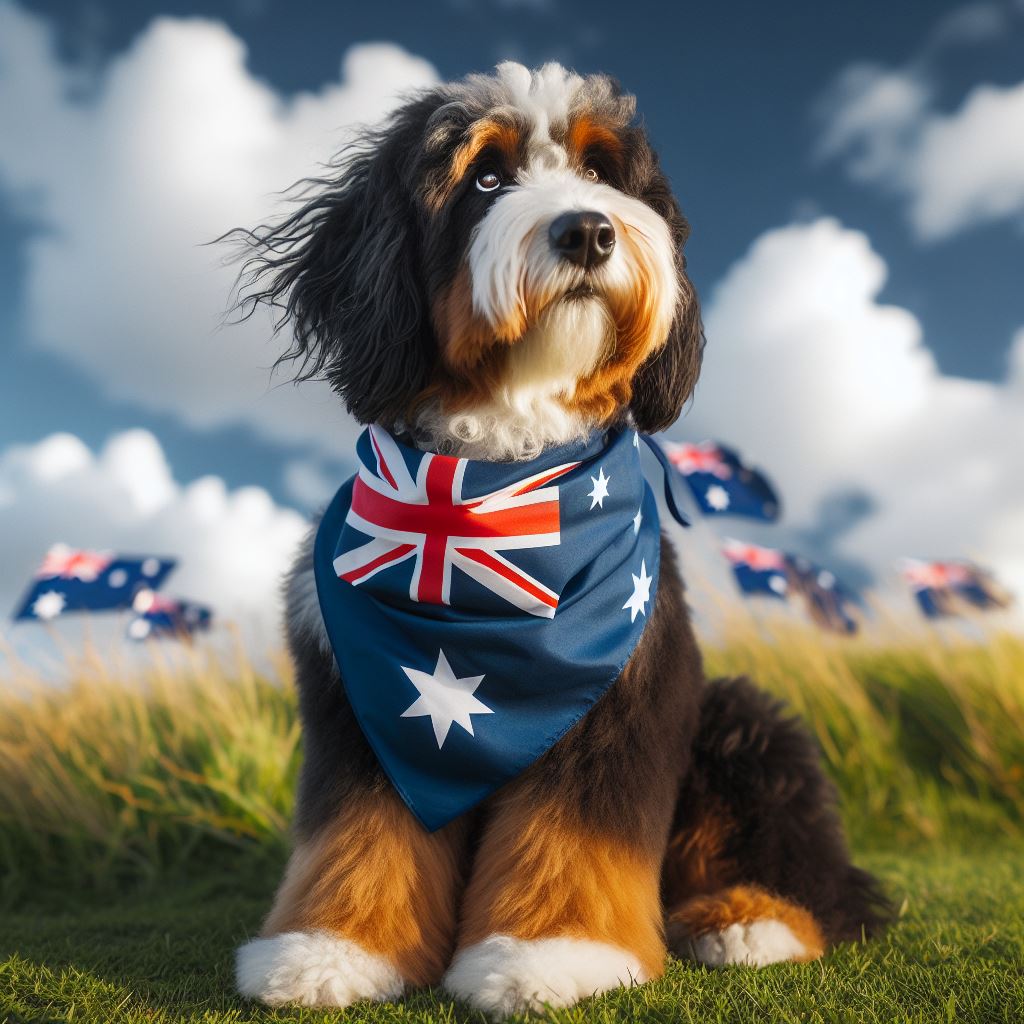 bernedoodle with Australian flag