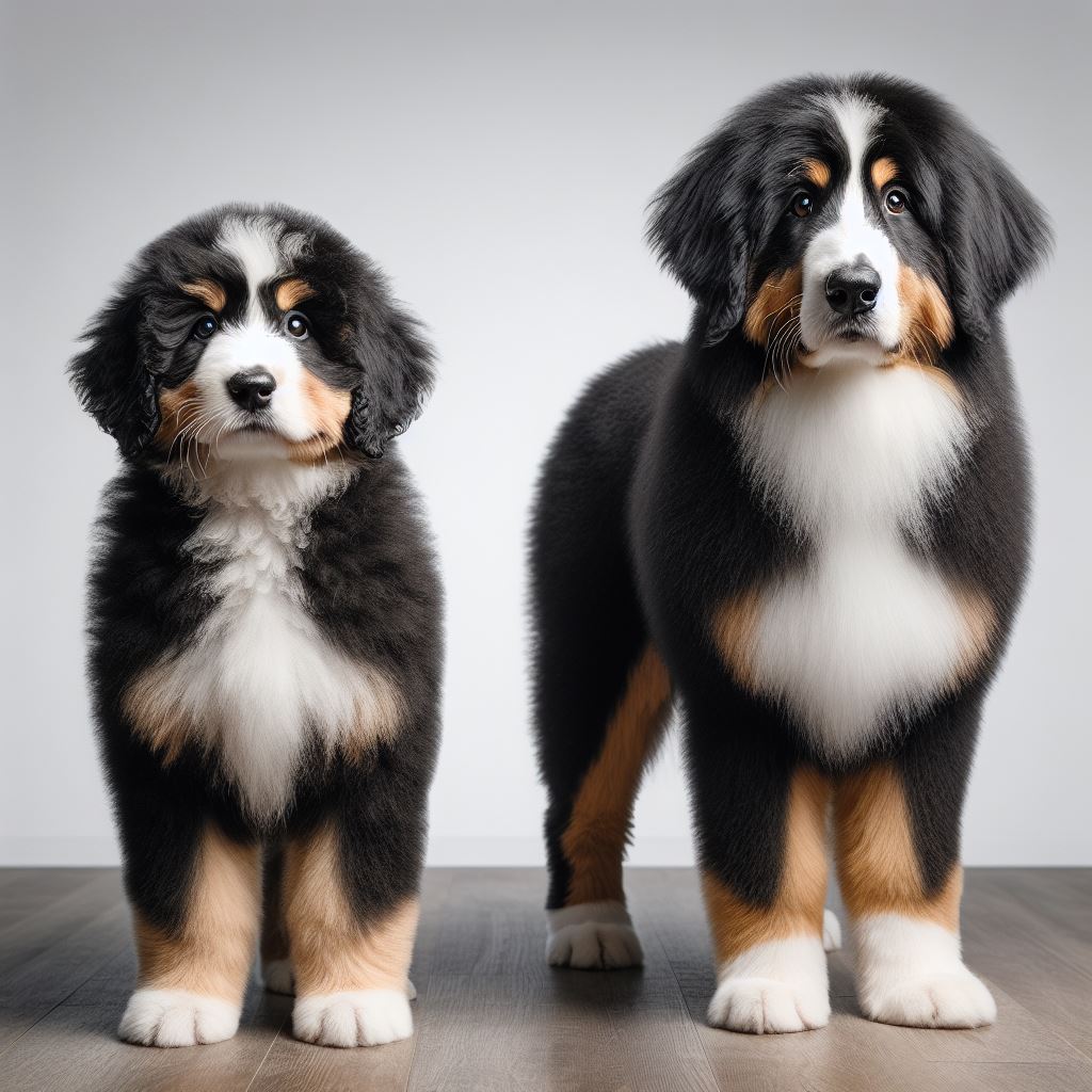 puppy and adult straight coat bernedoodle dog
