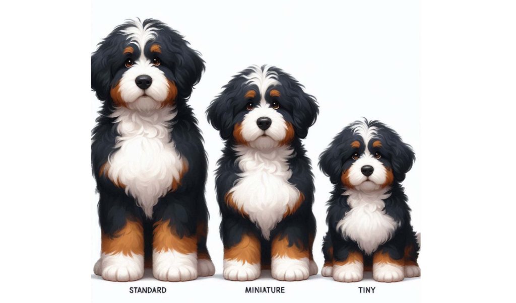 3 sizes of bernedoodle standing along each other